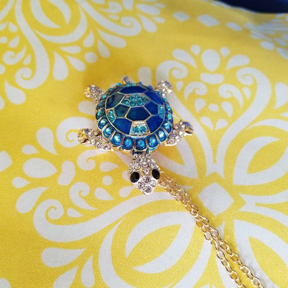 🐢Turtle Necklace Enamel & Stone Shell Blue Aqua  / brooch - NWOT🐢 - Picture 7 of 8